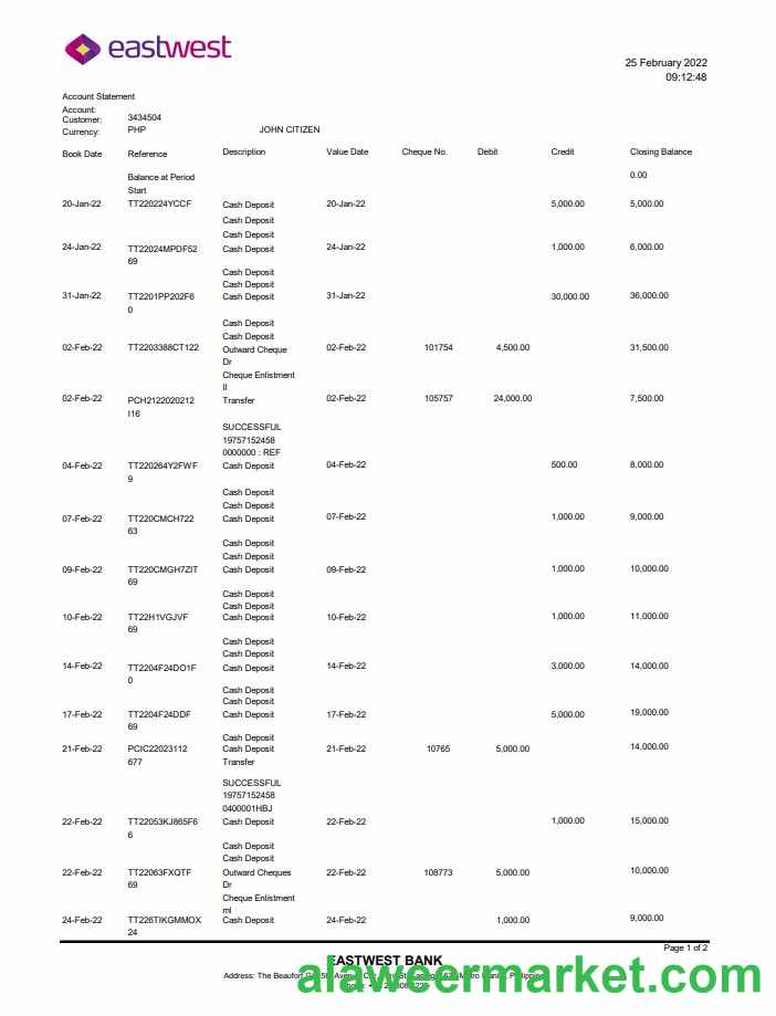 Philippines EastWest bank statement template in Excel and PDF format